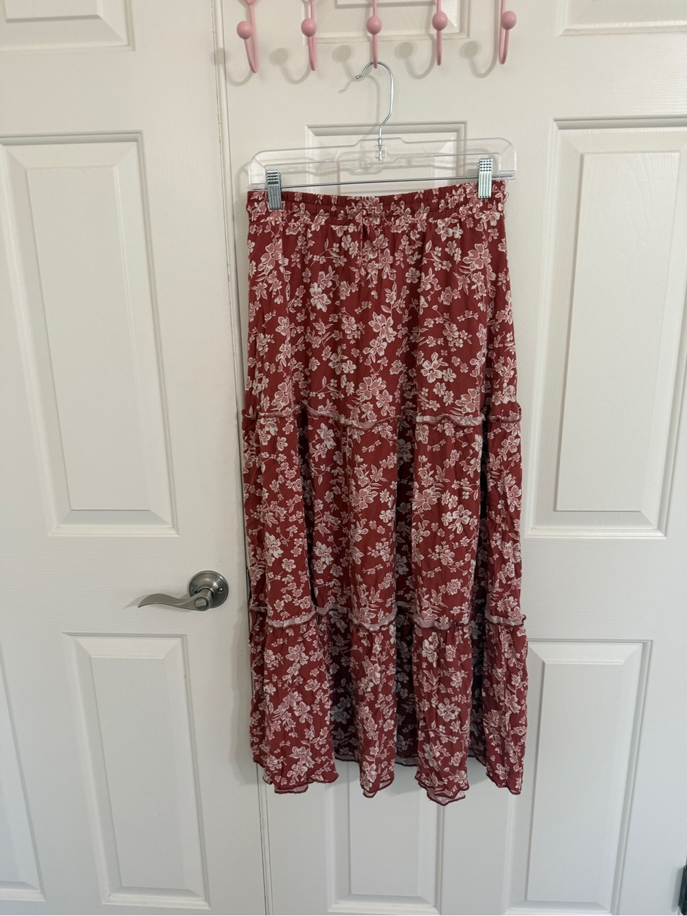 Laurel Grey M Rust Floral Tiered Maxi Skirt Elastic Waist Cottagecore Boho
